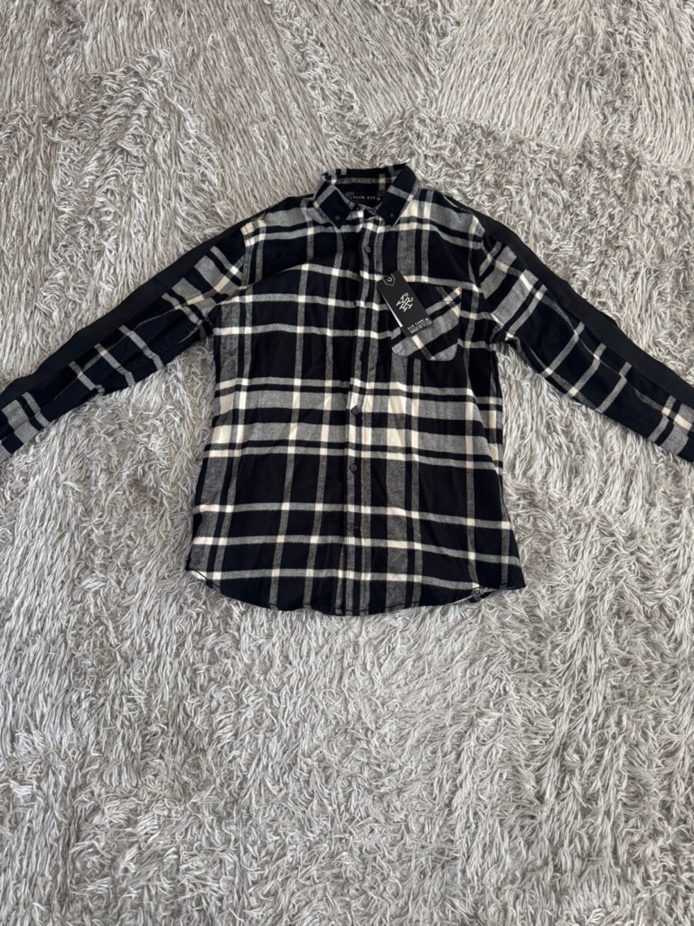 Raw Yarn Industries Black & White Plaid Button Slim Fit Flannel Shirt